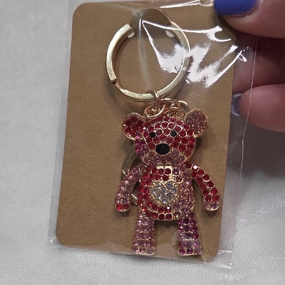 Red Pink Teddy Bear Keychain Bag Charm Purse Charm Rhinestones Crystals New